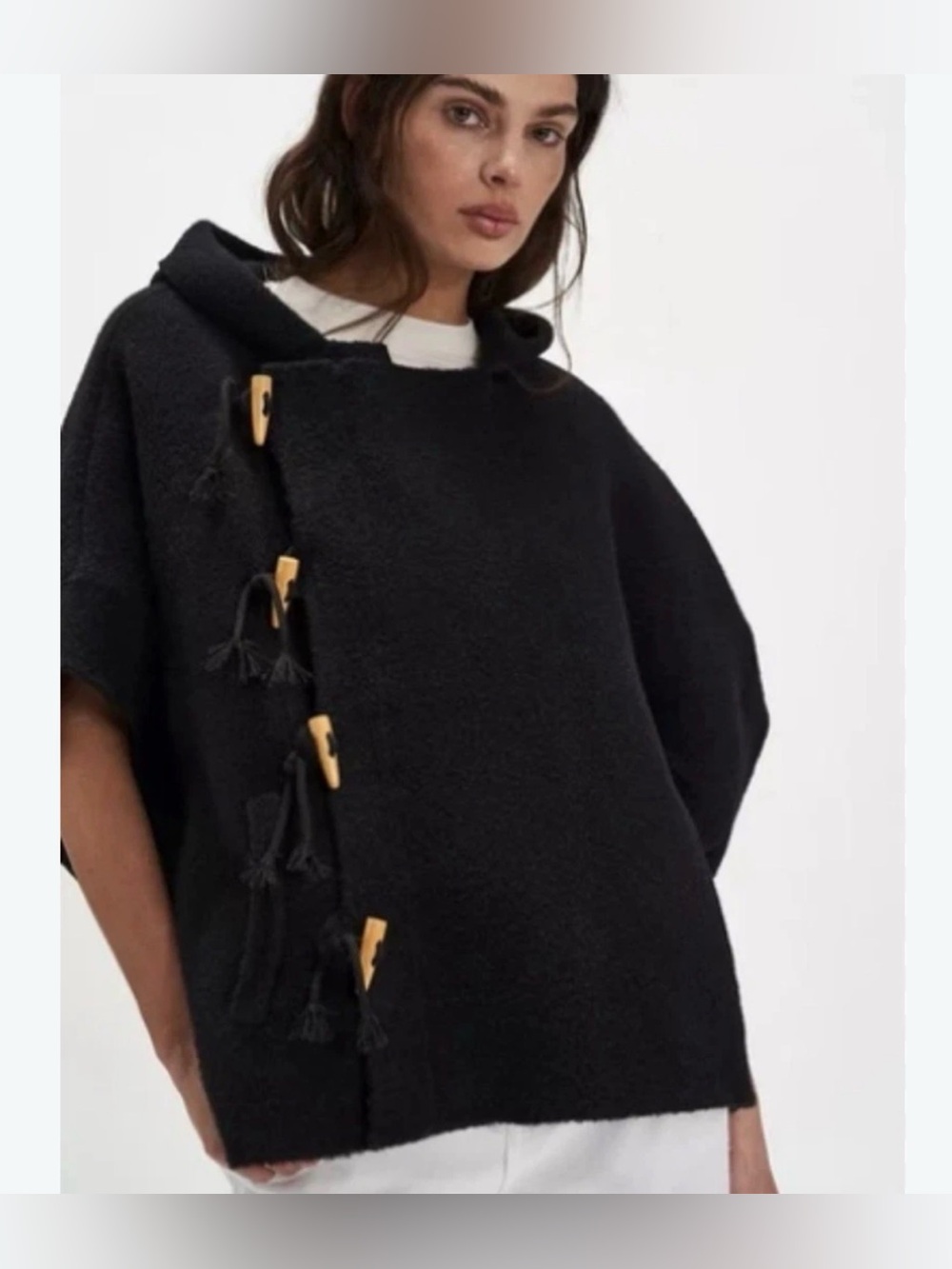 Free People Toggle Poncho In Black Hooded OS One Size